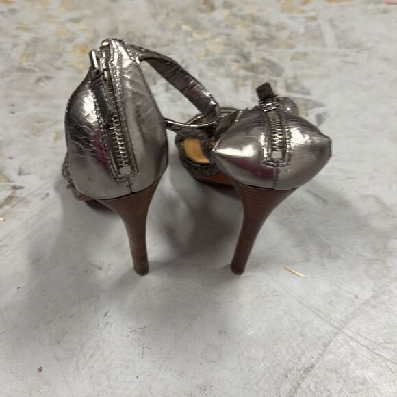 Badgley Mishka Elegant Silver High Heel Sandals - Size 8.5 Snake Skin - Picture 2 of 5